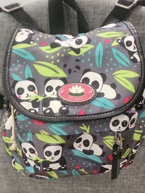 Lily Bloom Gray Panda Print Kids Backpack with Teal & Lime Accents
